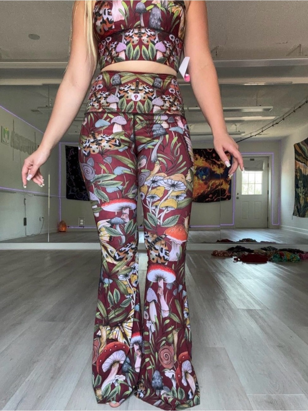 Yoga Democracy Mushroom Print Crop Top and Bellbottom Pants Set, Size S/M - Picture 5 of 7